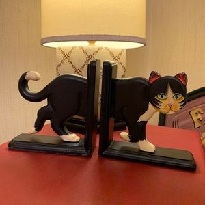 1997 Tiger Lily Black Tuxedo Wooden Kitty Cat Bookends Vintage Folk Art Handmade